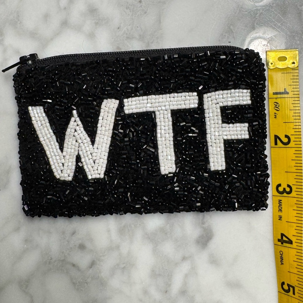 MOYNA “WTF” Black and White Beaded Zipper Pouch 5x3” - Picture 9 of 13